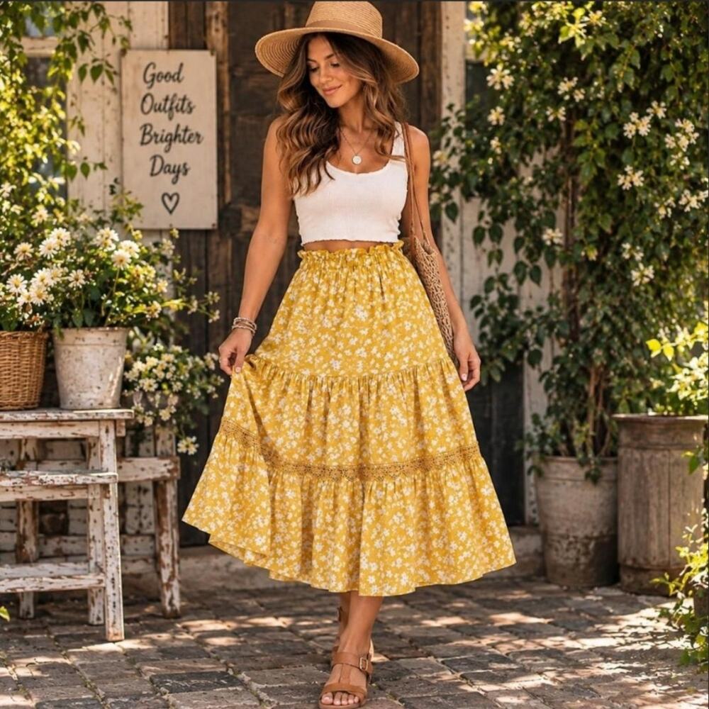 Mustard Yellow Floral Tiered Midi Skirt β Womenβs Medium Boho Cottagecore